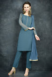 Mosaic Blue Straight Cut Kurti & Capri Suit Set - Asian Party Wear