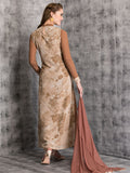 ZAC-11 BROWN LONG DRESS WITH JACKET STYLE LAYERED BODICE (READY MADE) - Asian Party Wear