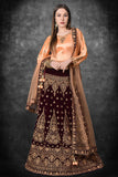 Peach Nougat & Wine Embroidered & Embellished Readymade Lehenga - Asian Party Wear