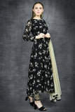 Jet Black Floral Printed Flow Circular Dress - Asian Party Wear