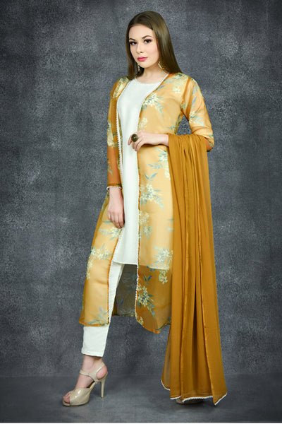 CREAM & MUSTARD FRONT OPEN FLORAL PRINTED JACKET SUIT - Asian Party Wear