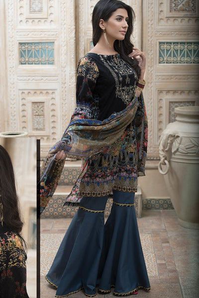 ZARS-100 BLACK PRINTED LAWN SUMMER FESTIVE GHARARA PENT SUIT - Asian Party Wear