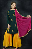 Dark Green & Saffron Yellow Punjabi Gharara Suit - Asian Party Wear