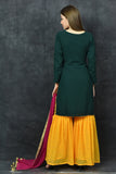 Dark Green & Saffron Yellow Punjabi Gharara Suit - Asian Party Wear