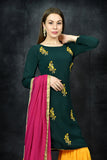 Dark Green & Saffron Yellow Punjabi Gharara Suit - Asian Party Wear