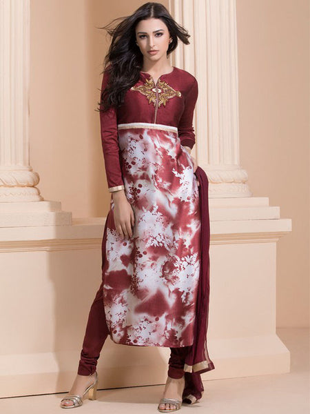 MAROON EMBROIDERED BODICE WITH PRINTED LOWER CHURIDAAR SUIT - Asian Party Wear