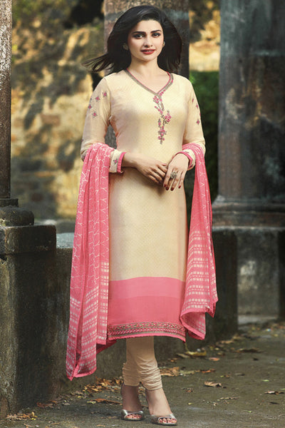 Vanilla Custard Creamy Churidaar Suit With Pink Dupatta - Asian Party Wear