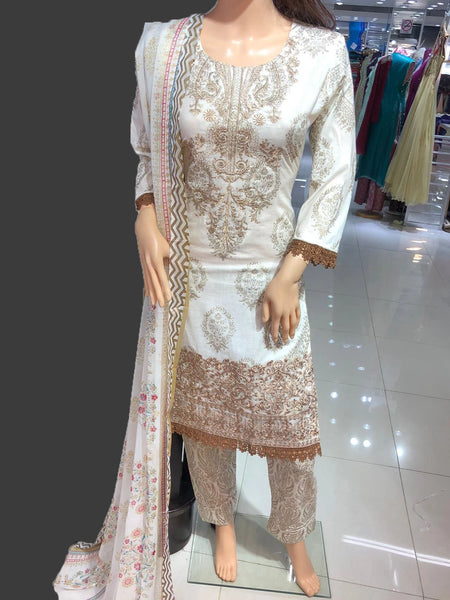 Cream Pakistani Designer Readymade Embroidered Lawn Salwar Kameez - Asian Party Wear