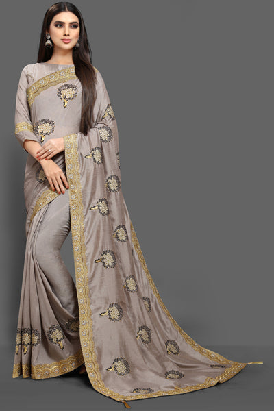 ZAC20-21 ASH GREY INDIAN PARTY WEAR FANCY SAREE - Asian Party Wear