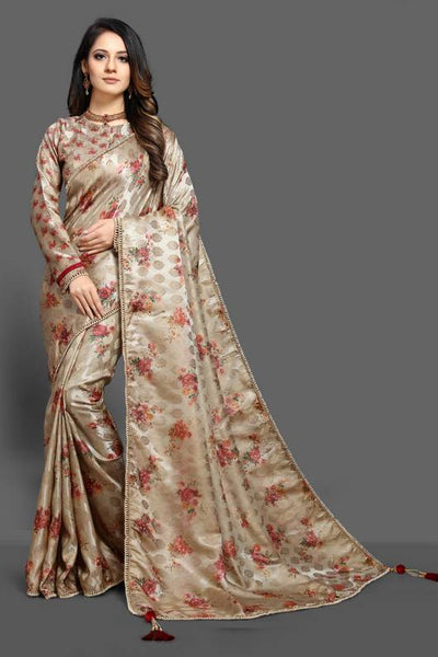 MEHNDI GOLD DIGITAL PRINTED JACQUARD WEDDING WEAR SAREE - Asian Party Wear