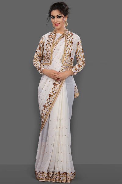 BRILLIANT WHITE NEW JACKET STYLE FESTIVE SAREE - Asian Party Wear