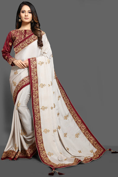 BRILLIANT WHITE & MAROON EMBROIDERED BLOUSE PAKISTANI WEDDING SAREE - Asian Party Wear