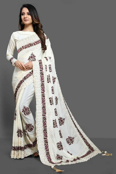 ZAC20-01 BRILLIANT WHITE HEAVILY EMBELLISHED SAREE - Asian Party Wear