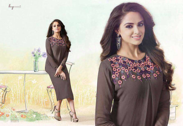 ZLT1004 GREY BROWN LT NITIA READY MADE GEORGETTE EMBROIDERED KURTI (LARGE SIZE) - Asian Party Wear