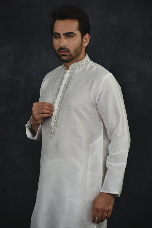 Off White Indian Designer Mens Kurta Pajama Suit Desi Punjabi Dress
