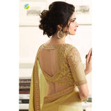 17703 CELERY YELLOW AND CREAM KASEESH PRACHI GEORGETTE SAREE WITH HEAVY EMBROIDERED BLOUSE - Asian Party Wear