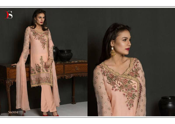 56004 CORAL PINK EMBROIDERED GEORGETTE PAKISTANI DESIGNER STYLE SUIT - Asian Party Wear