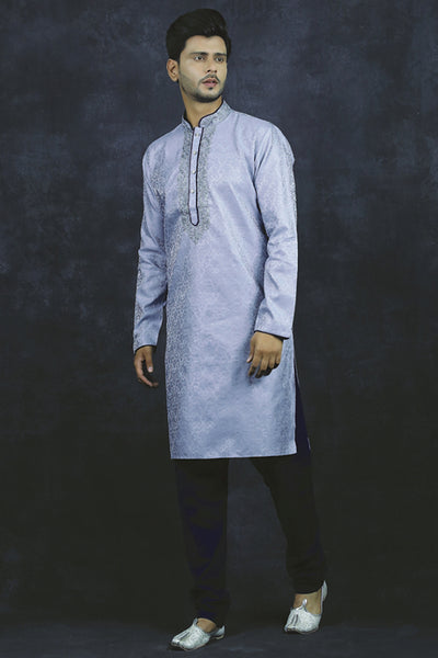 Grey & Navy Long Sleeve Kurta Pajama Indian Ethnic Menswear - Asian Party Wear