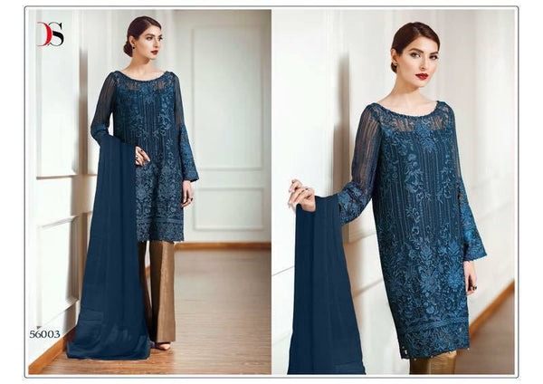 56003 BLUE EMBROIDERED GEORGETTE PAKISTANI DESIGNER STYLE SUIT - Asian Party Wear