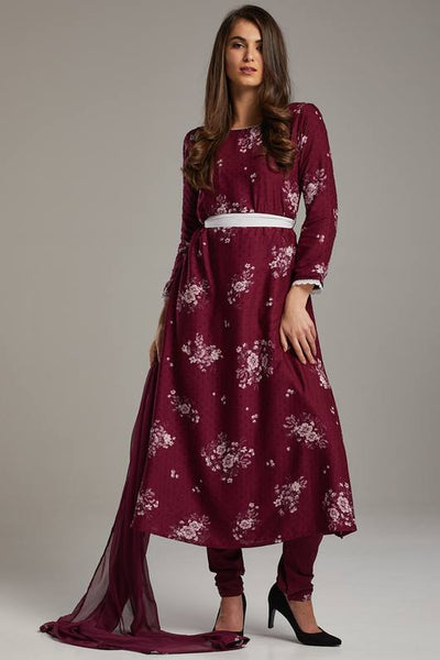 Wine Printed Anarkali Frock Suit - Asian Party Wear