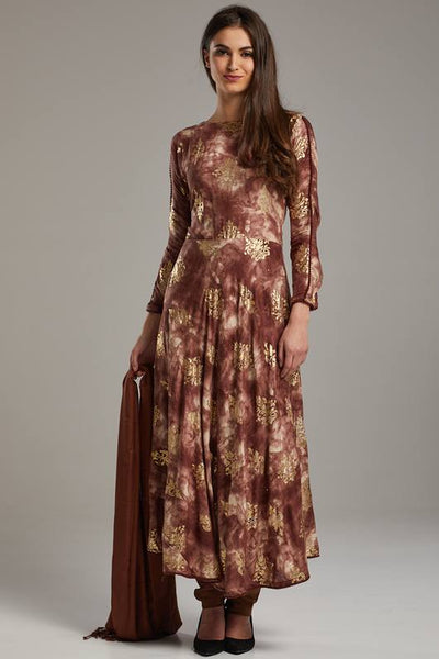 Elegant Brown Foil Printed Circular Style Anarkali Dress - Asian Party Wear