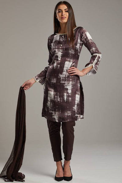 Choco Brown Printed Kurti Suit - Asian Party Wear