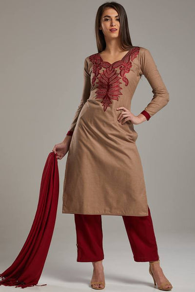 Adorable Beige/Maroon Readymade Straight Salwar Suit - Asian Party Wear