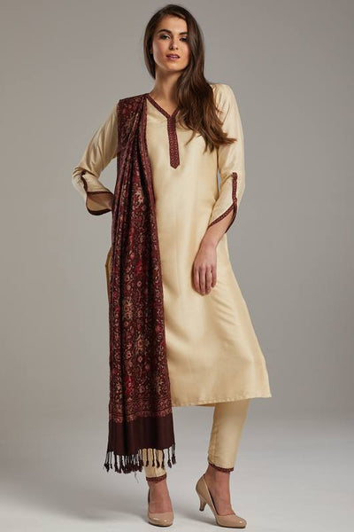 Fawn Punjabi Style Designer Woven Shawl Suit - Asian Party Wear