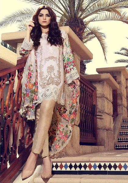 ZMB-12A WHITE AND BEIGE LAWN EMBROIDERED SUIT - Asian Party Wear