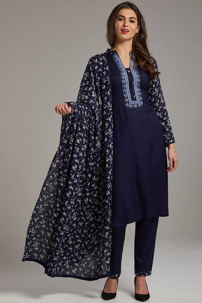 Navy Blue Designer Winter Salwar kameez large size - Asian Party Wear