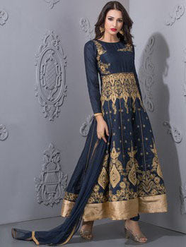 NAVY BLUE WITH GOLD EMBROIDERY ANARKALI WEDDING STYLE SUIT - Asian Party Wear