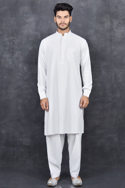 White Kurta Shalwar Menswear Readymade Suit - Asian Party Wear