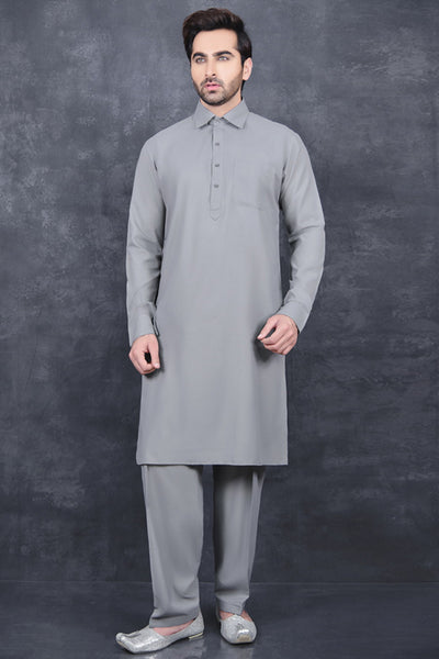 Ash Grey Collar Style Salawr Kameez Pakistani Men's Suit - Asian Party Wear