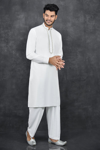 Off White Pakistani Menswear Kurta Shalwar Suit - Asian Party Wear