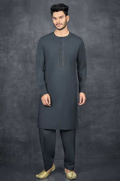 Black Pakistani Men's Kurta Shalwar Casual Suit - Asian Party Wear