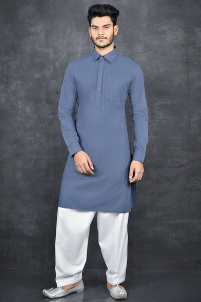 Blue & White Kurta Shalwar Pakistani Gents Wear - Asian Party Wear