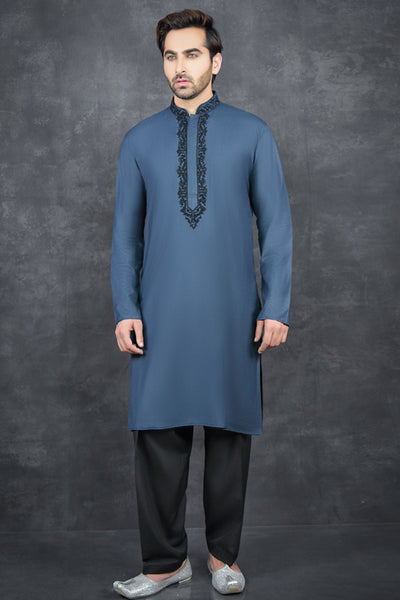 Blue and Black Indian Men's Kurta Shalwar Designer Menswear - Asian Party Wear