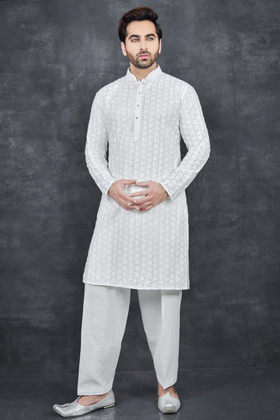 White Chikenkari Kurta Indian Designer Men Suit - Asian Party Wear