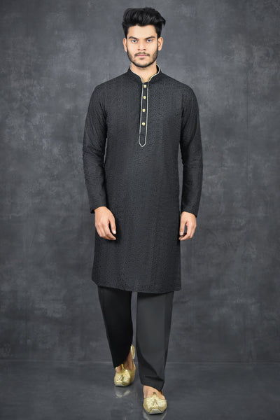 Men's Black Kurta Pakistani Designer Menswear - Asian Party Wear