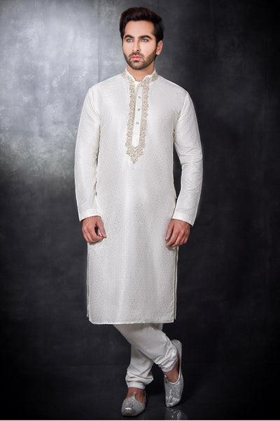 White Embroidered Fancy Kurta Pajama Indian Men's Wedding Suit - Asian Party Wear