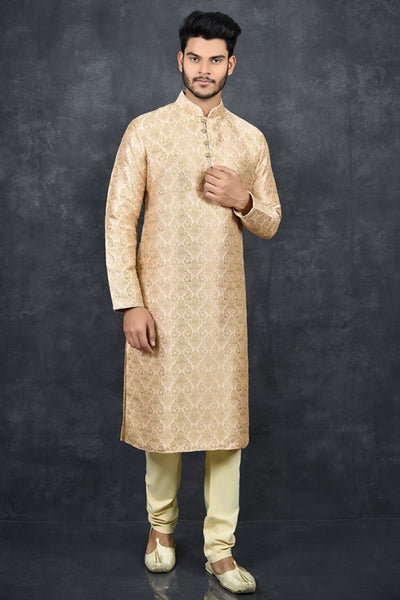 Coral Peach Jacquard Kurta Ethnic Indian Menswear Suit - Asian Party Wear