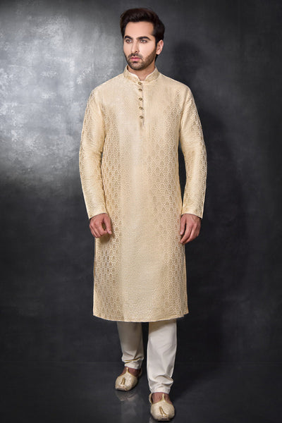 Gold and White Punjabi Groom Kurta Pajama Indian Outfit - Asian Party Wear