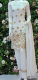 WHITE & GOLD DESIGNER READY TO WEAR LINEN SALWAR SUIT - Asian Party Wear