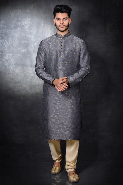 Grey and Beige Brocade Kurta Pajama Indian Wedding Menswear - Asian Party Wear