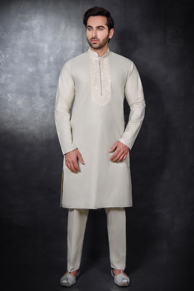 Off White Embroidered Men's Kurta Pajama Indian Wedding Suit - Asian Party Wear