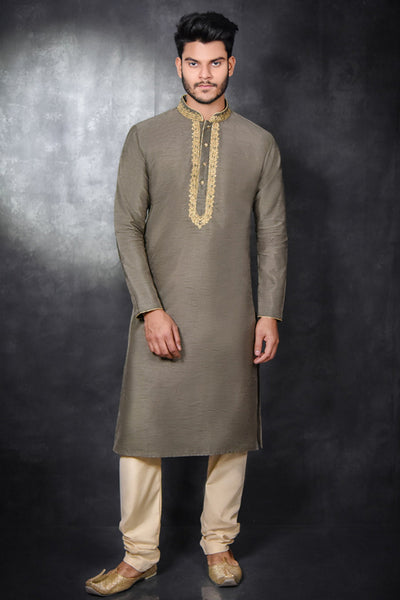 Khakhi & Beige Men's Kurta Pajama Formal Menswear - Asian Party Wear