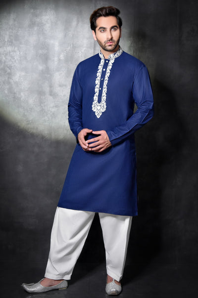 White & Blue Menswear Kurta Pajama Party Suit - Asian Party Wear