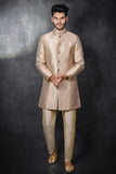 Gold Jacquard Prince Coat and Pant Pajama Indian Menswear Wedding Suit - Asian Party Wear