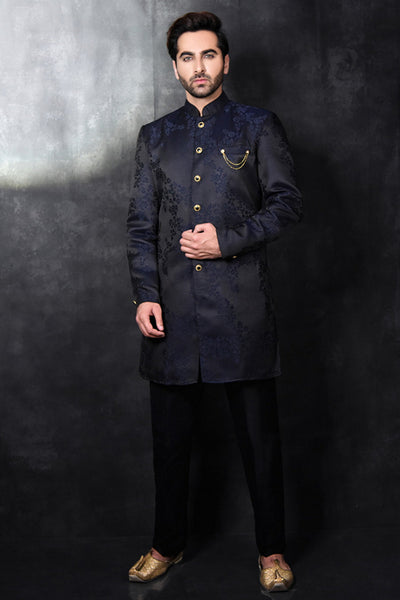 Evening Wear Navy Blue Men's Wedding Sherwani Coat Pant Suit Set - Asian Party Wear