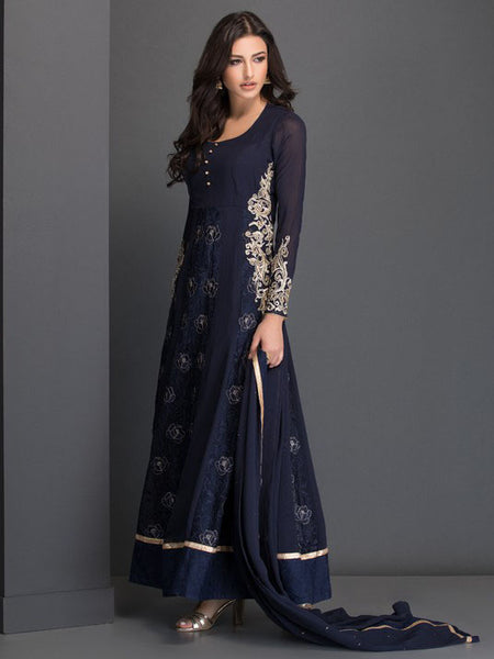 NAVY BLUE FLOWY MAXI STYLE LONG DRESS - Asian Party Wear